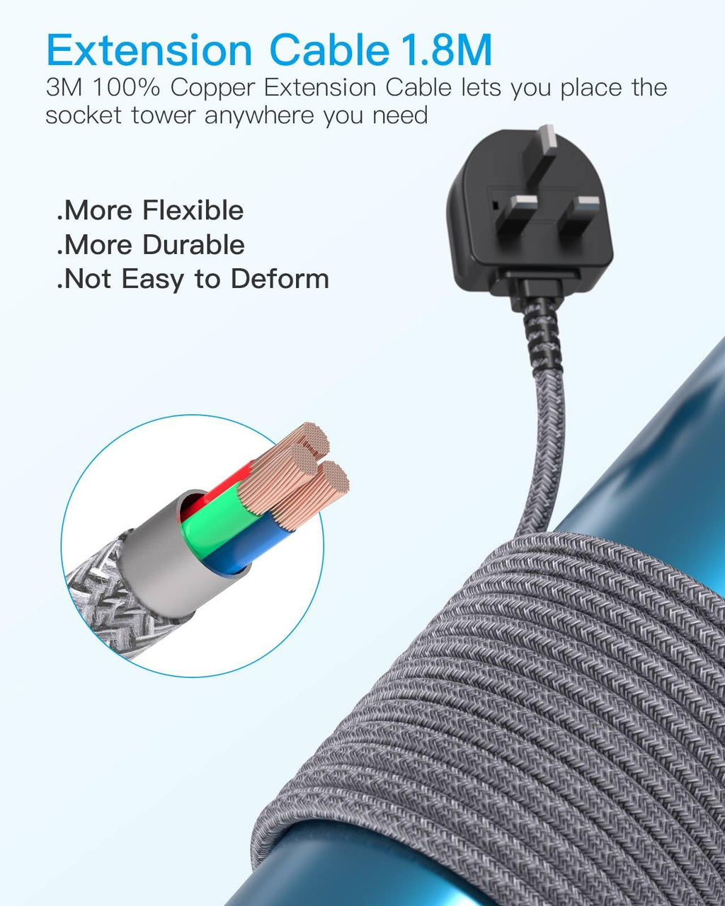3M Tower Extension Lead with 2 USB C Slots, 8 Way Outlets Power Strip, 10Ft