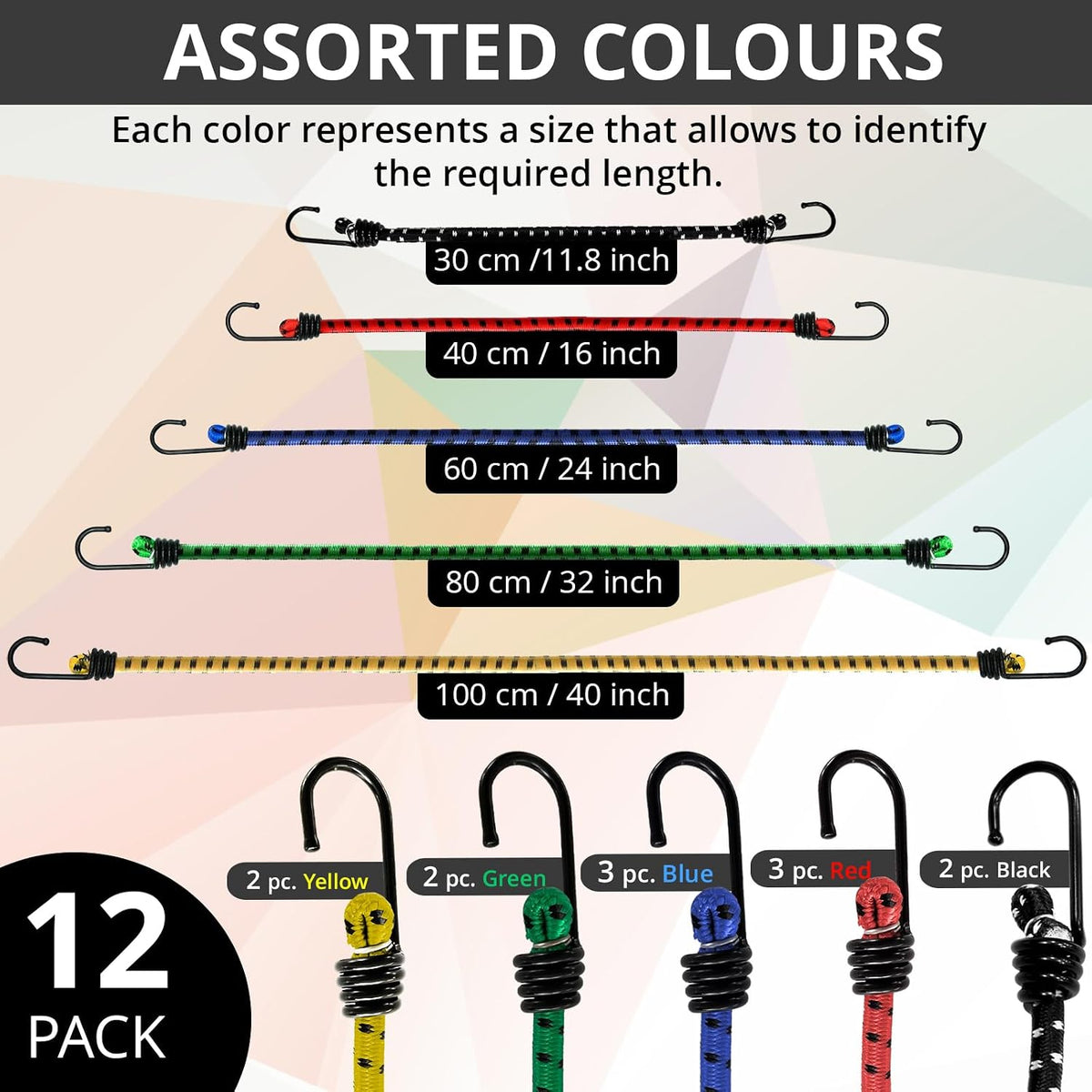 ANSIO Bungee Cords with Hooks, UV-Resistant Bungee Straps, 12 Pack Assorted