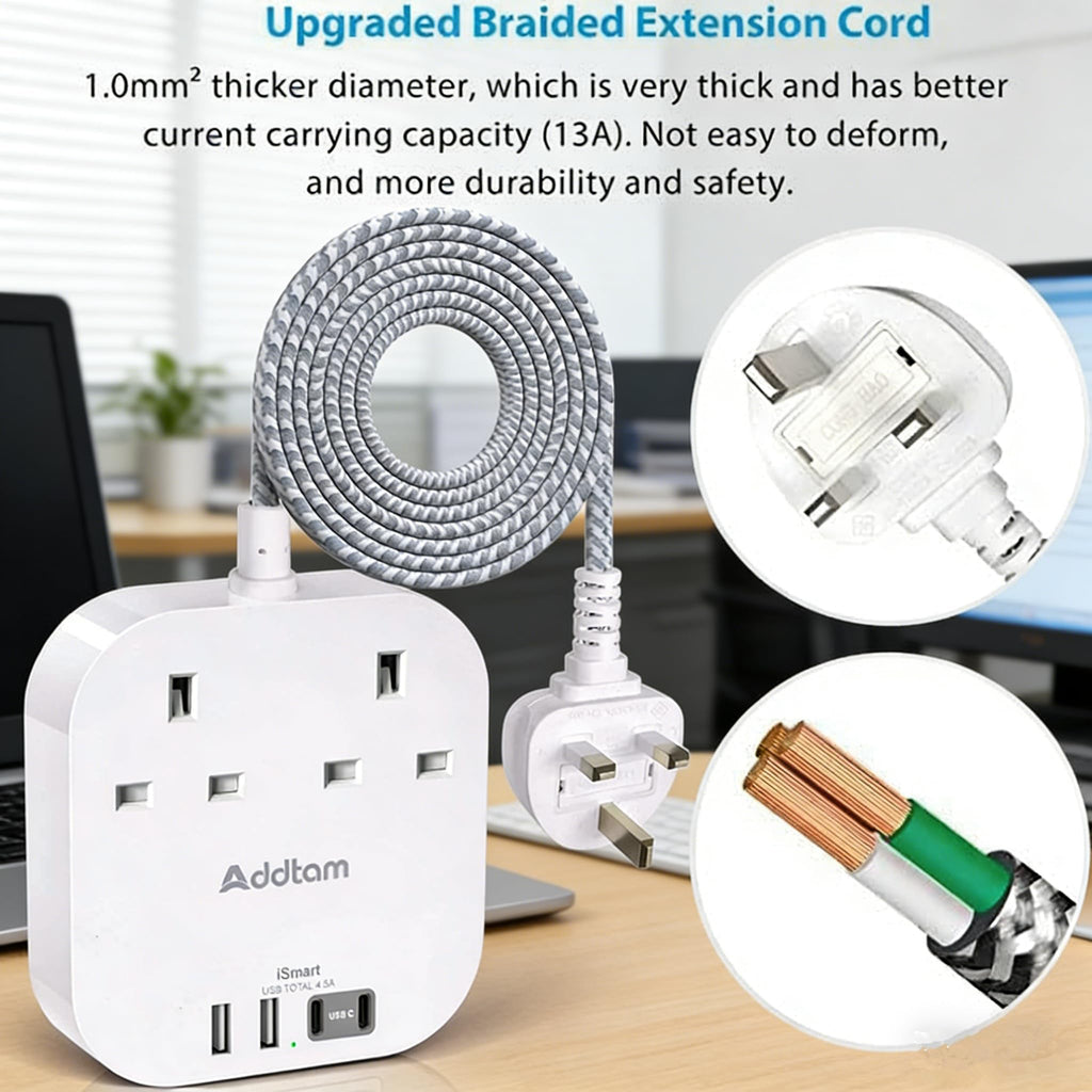 Extension Lead, Power Strips with 2 Way Outlets 4(4.5A, 2 Type C & 2 USB-A)