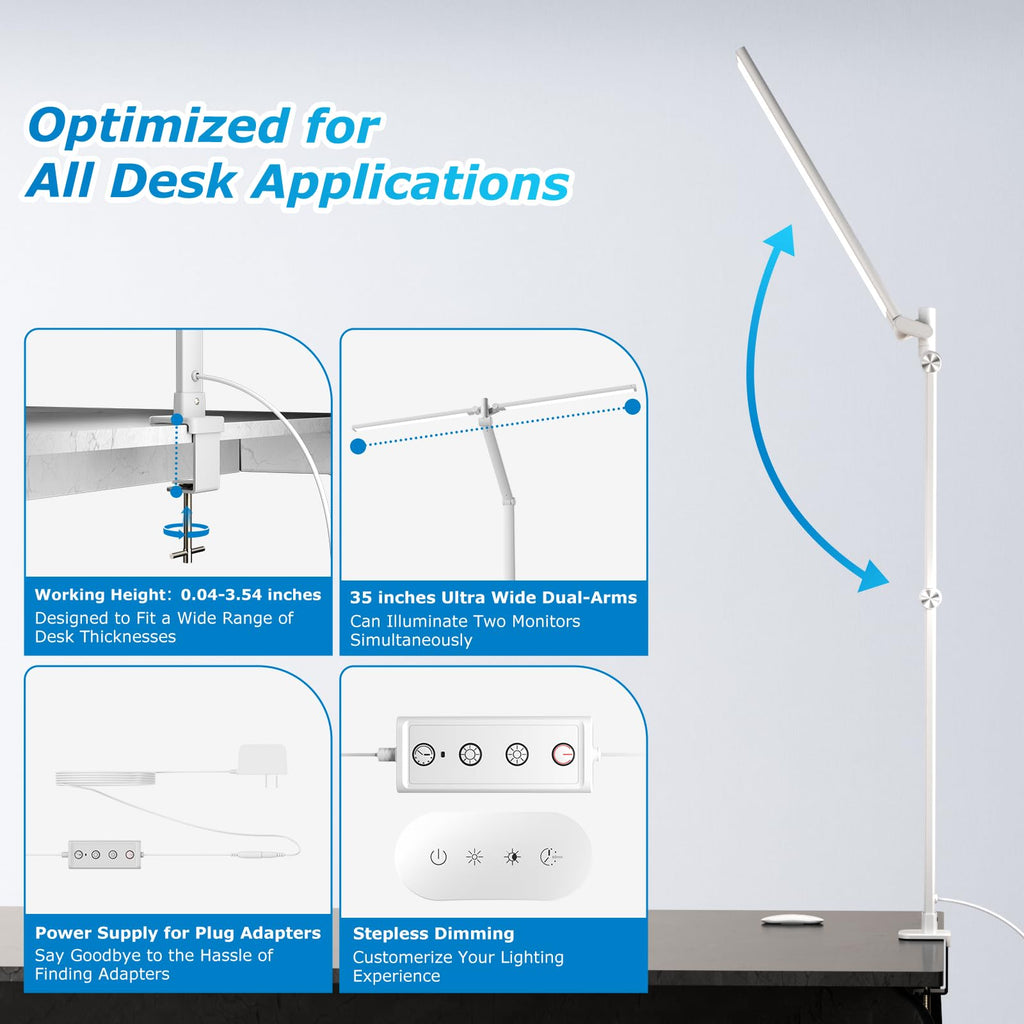 Airlonv LED Desk Lamp with Clamp, 17" Stepless Dimming Light, Black