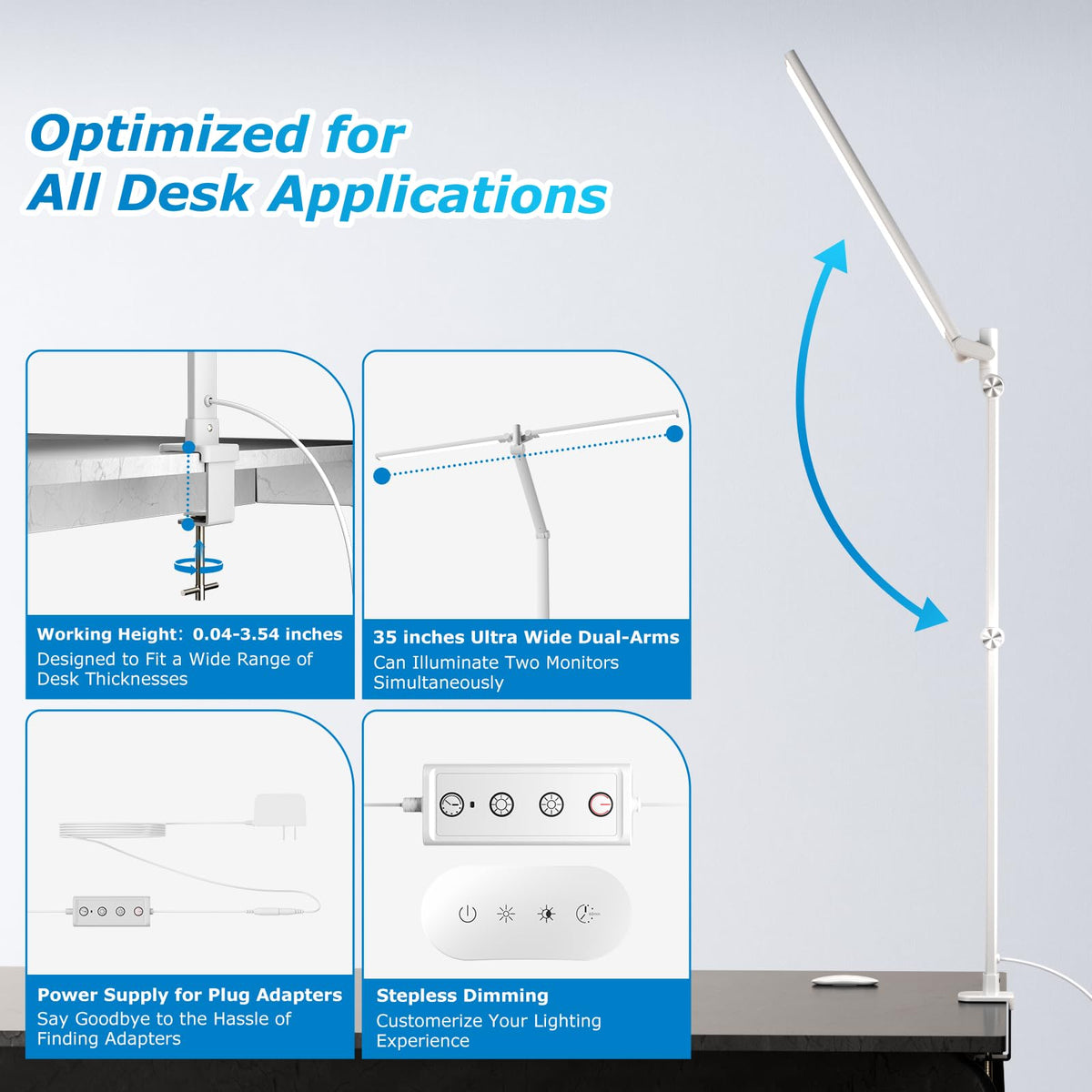 Airlonv LED Desk Lamp with Clamp, 17" Stepless Dimming Light, Black