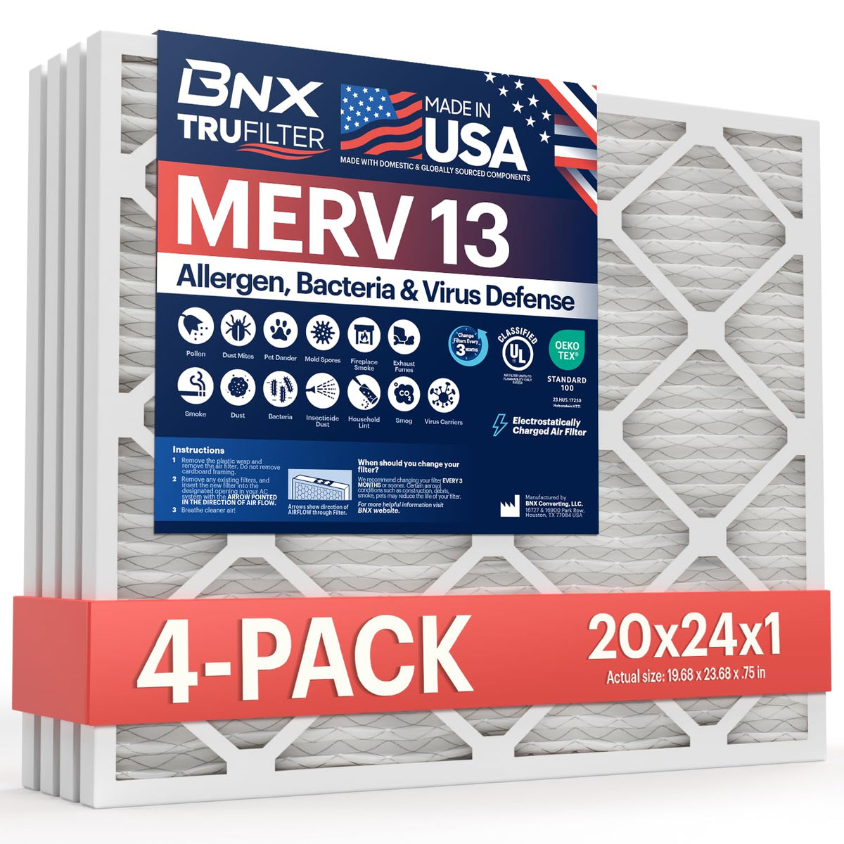 BNX TruFilter 20x20x1 Air Filter MERV 13 Smoke, Allergy, Pet Defense 6-Pack