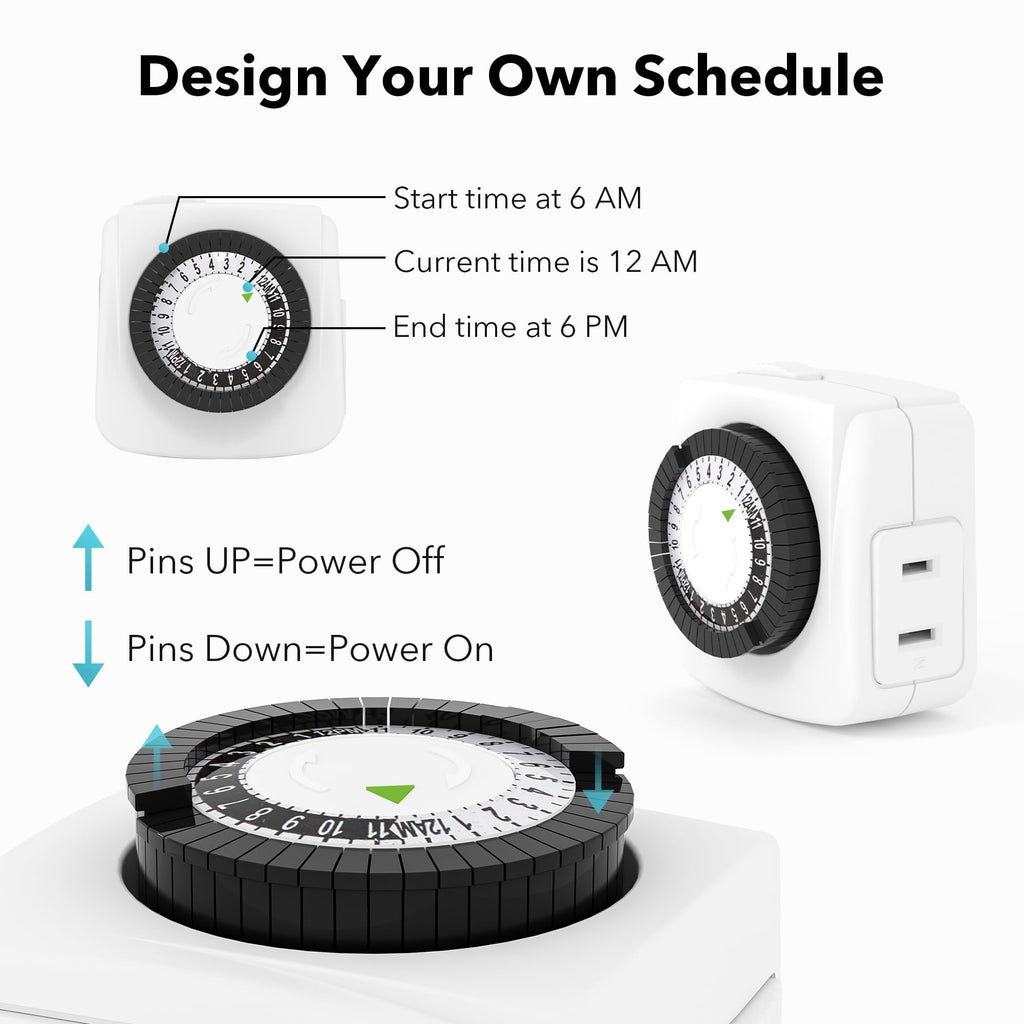 BN-LINK U47 Indoor Mini 24-Hour Mechanical Outlet Timer, 3-Prong, 2-Pack