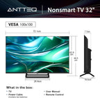 Antteq 32 Inch TV, Central Stand Design TV 720P Freeview HD Dolby Audio DVB T2/S2 LED Television, HDMI USB Media Player Monitor PS5 Xbox, Standard Nonsmart TV Small Screen for Bedroom Kitchen Black