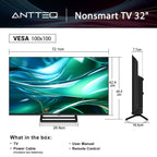 Antteq 32 Inch TV, Central Stand Design TV 720P Freeview HD Dolby Audio DVB T2/S2 LED Television, HDMI USB Media Player Monitor PS5 Xbox, Standard Nonsmart TV Small Screen for Bedroom Kitchen Black