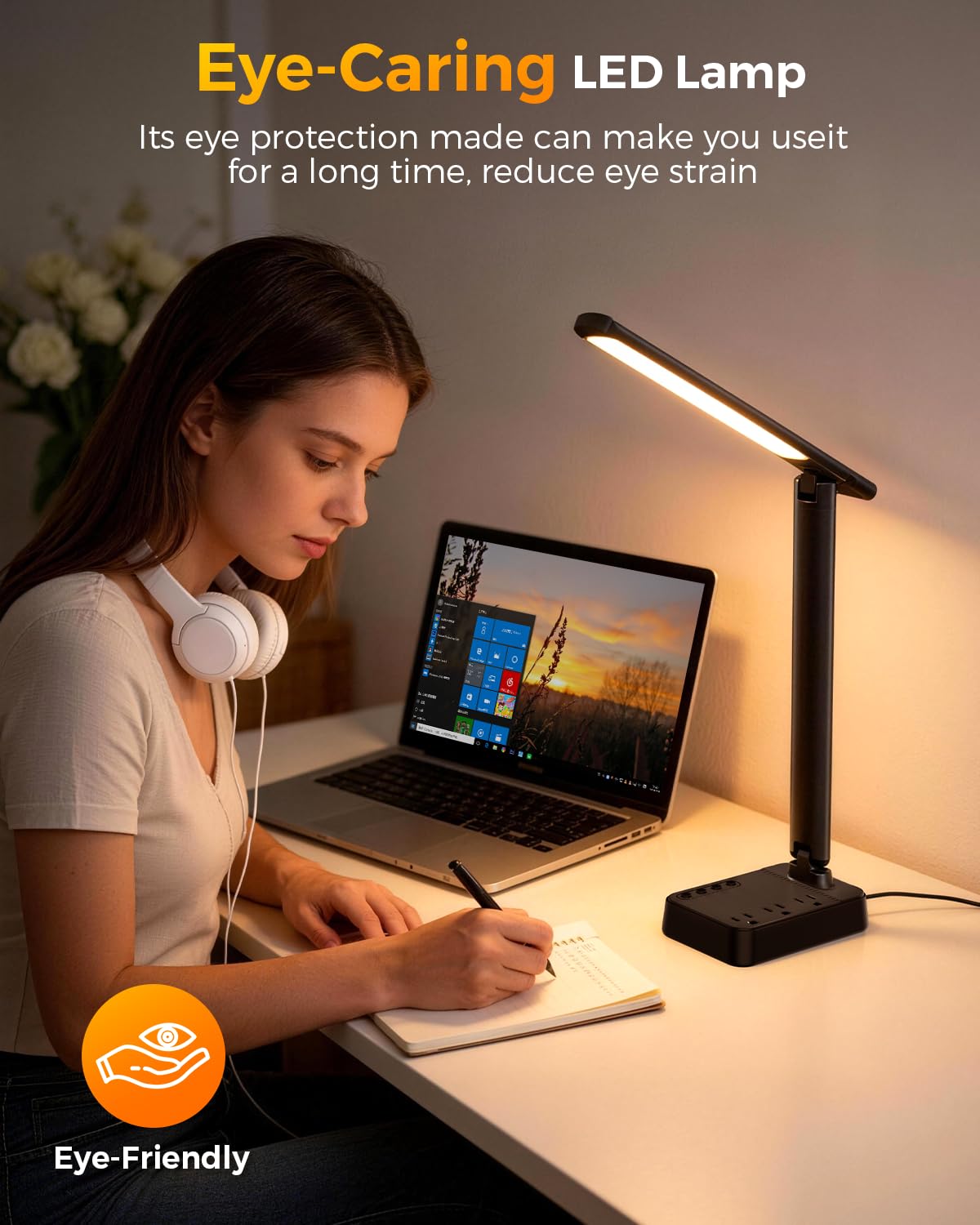 Airlonv LED Desk Lamp with Clamp, 17" Stepless Dimming Light, Black