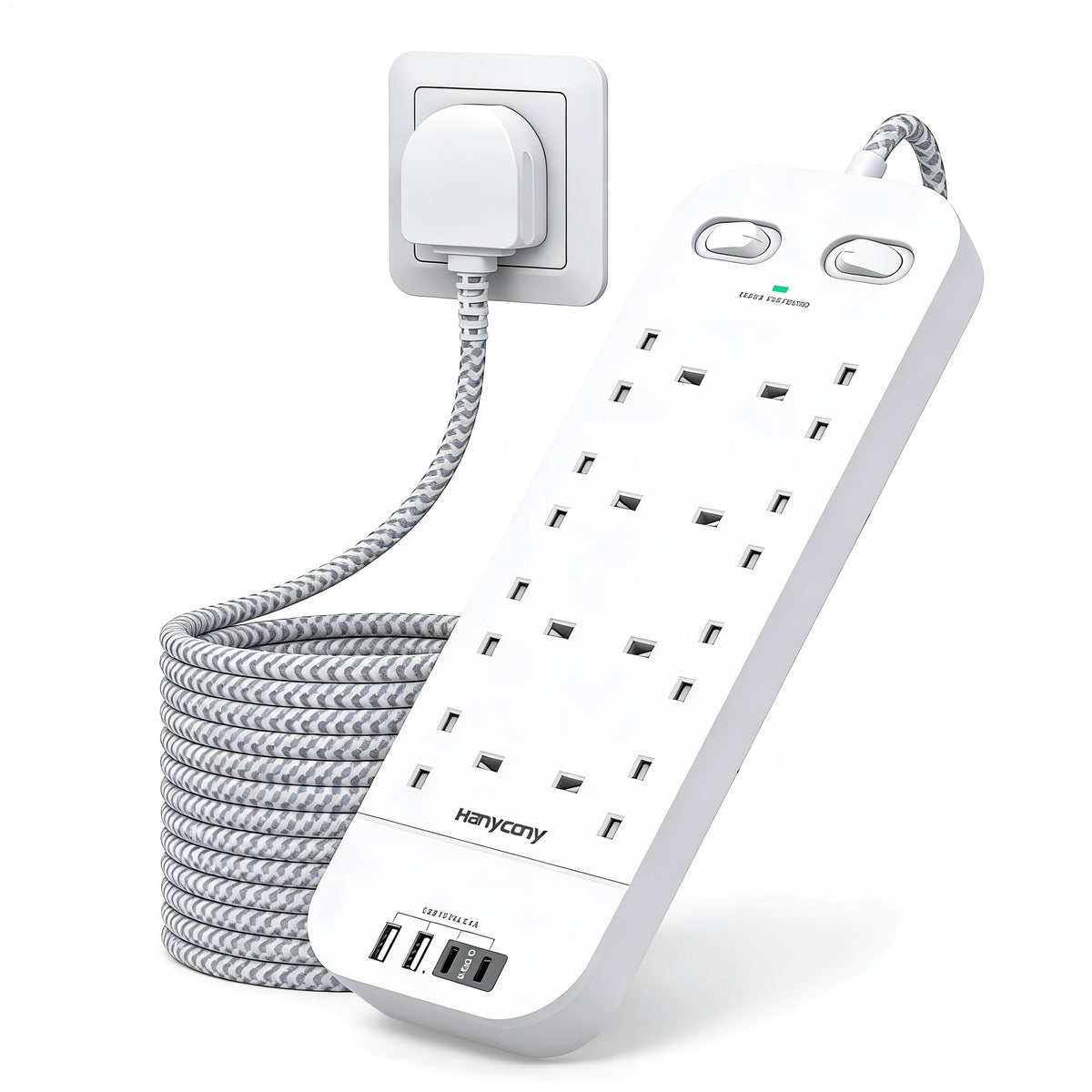 Black Extension Lead, 8 Way Outlets Power Strip with 4 USB Slots (2 USBC)