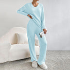 Lounge Wear Sets For Women Uk, Womens Pyjamas Set Long, Ladies Ribbed Loungewear Knit Outfits Womens Tracksuits 2 Piece Set V Neck Casual Casual Homewear