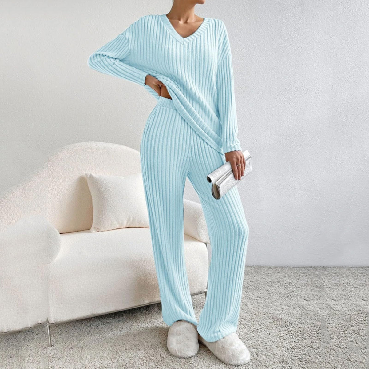 Lounge Wear Sets For Women Uk, Womens Pyjamas Set Long, Ladies Ribbed Loungewear Knit Outfits Womens Tracksuits 2 Piece Set V Neck Casual Casual Homewear