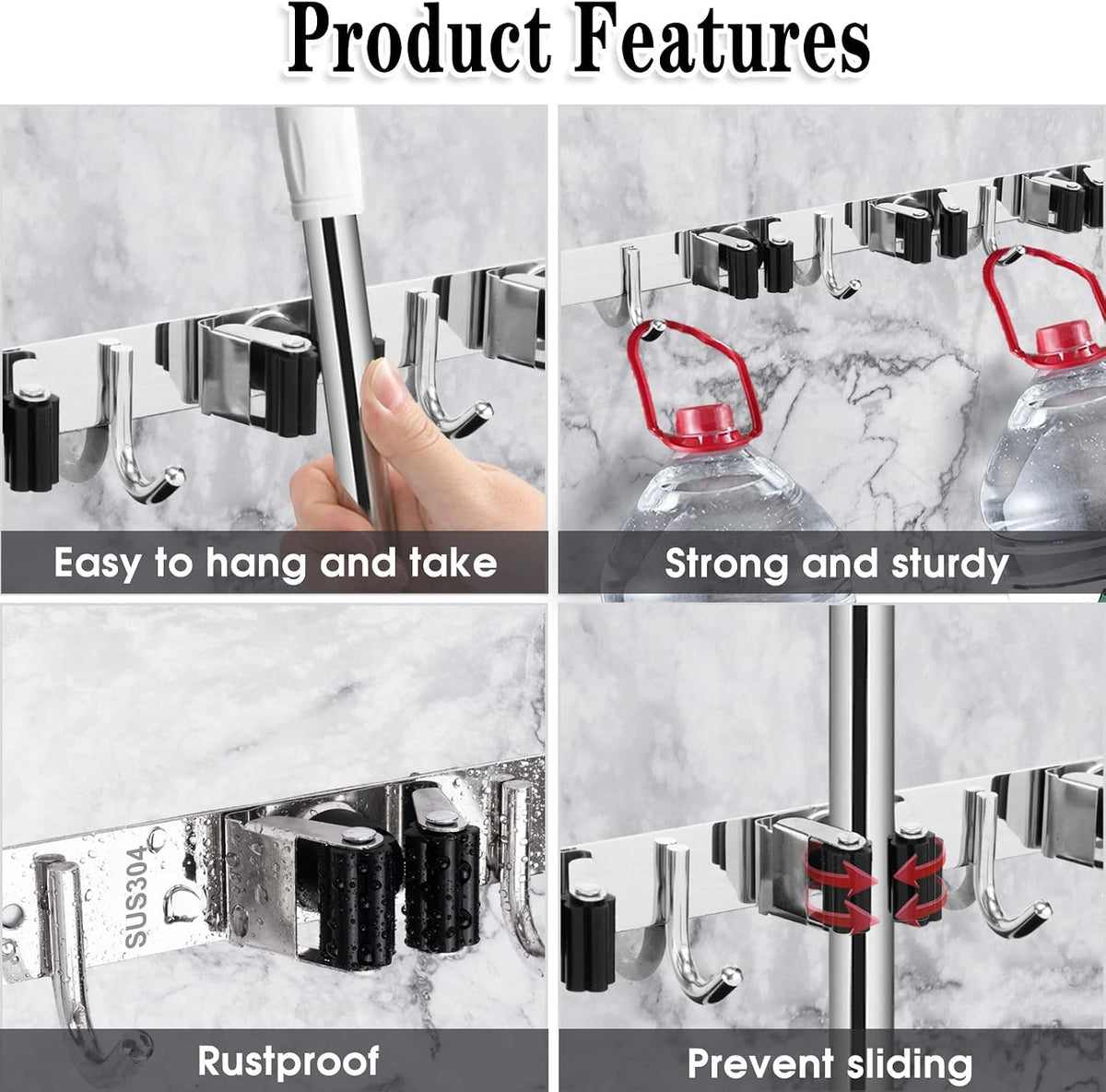 AceMining Broom Holder Wall Mount, 5 Racks 4 Hooks Heavy Duty Mop Organizer