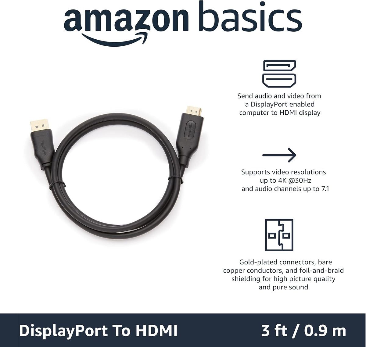 Amazon Basics DisplayPort to HDMI Cable, Uni-Directional, 0.9 m, Black