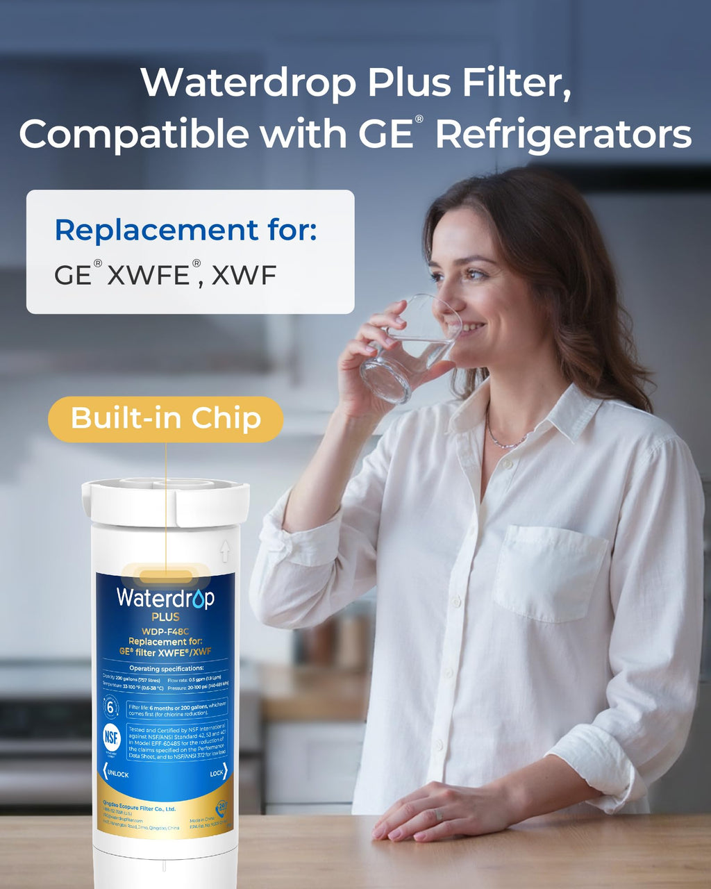 Waterdrop Plus Water Filter Replacement for GE® XWFE®, Built-in Chip 3 Pack