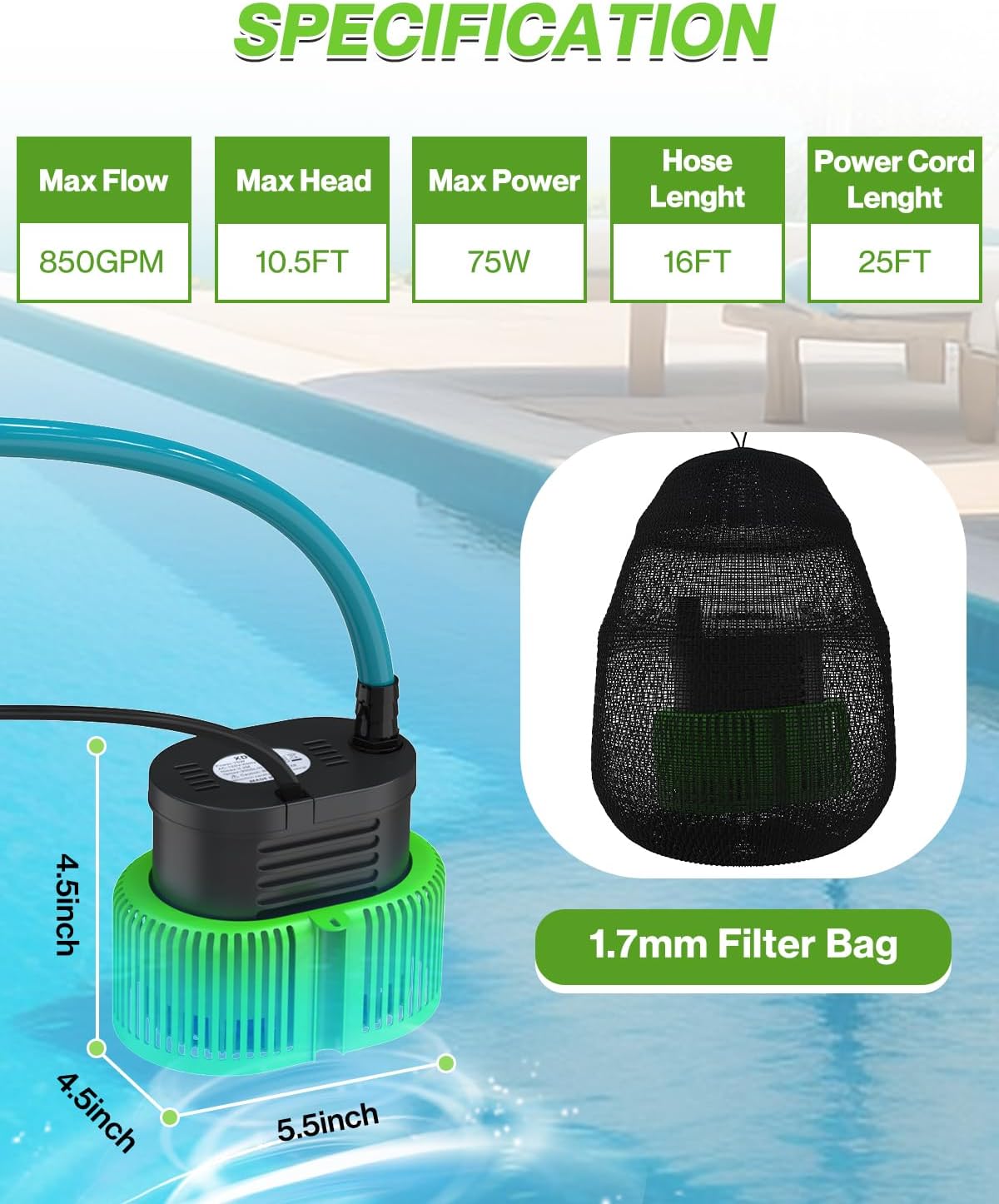 AgiiMan 850GPH Pool Cover Pump, Submersible Sump Pump above Ground