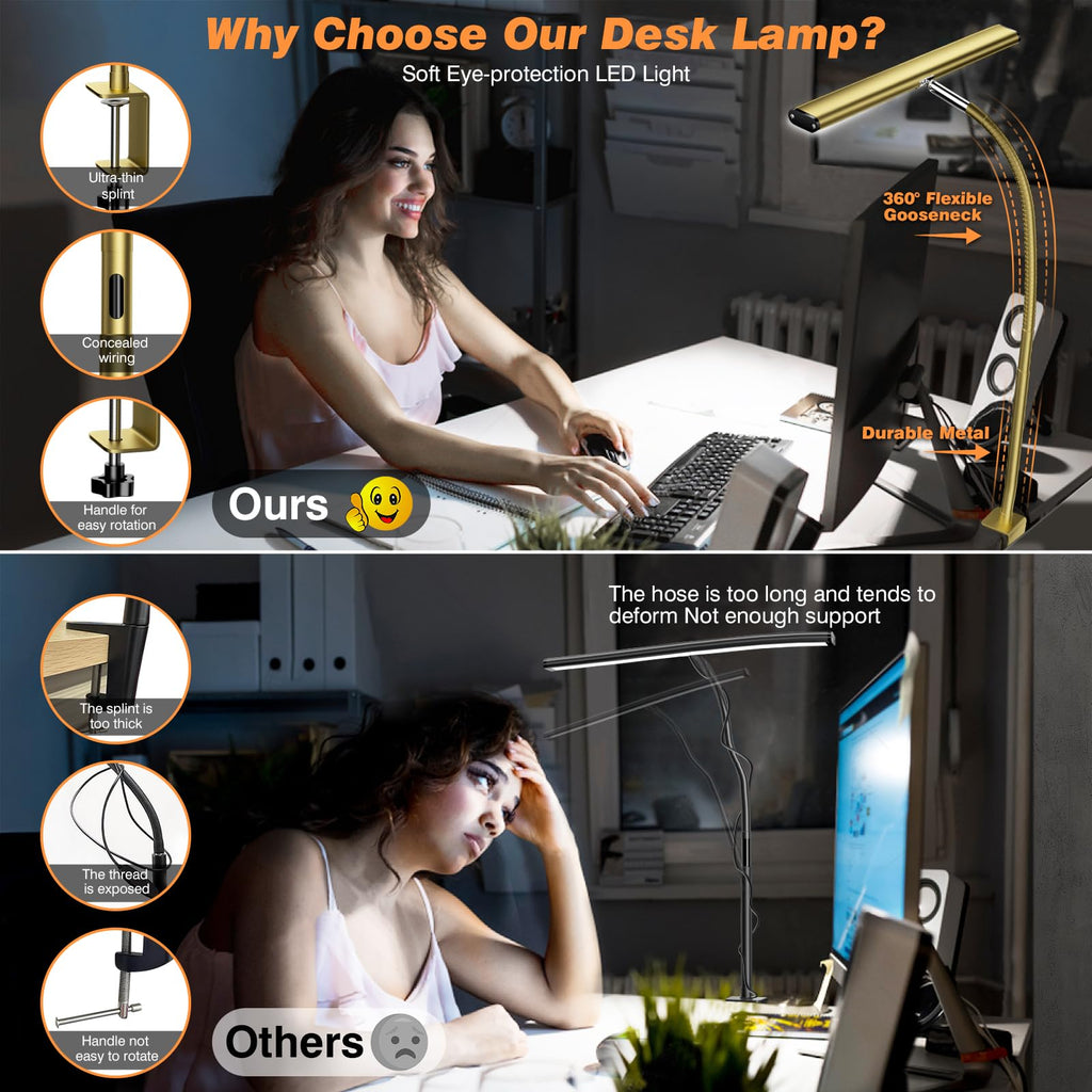 Airlonv LED Desk Lamp with Clamp, 17" Stepless Dimming Light, Black