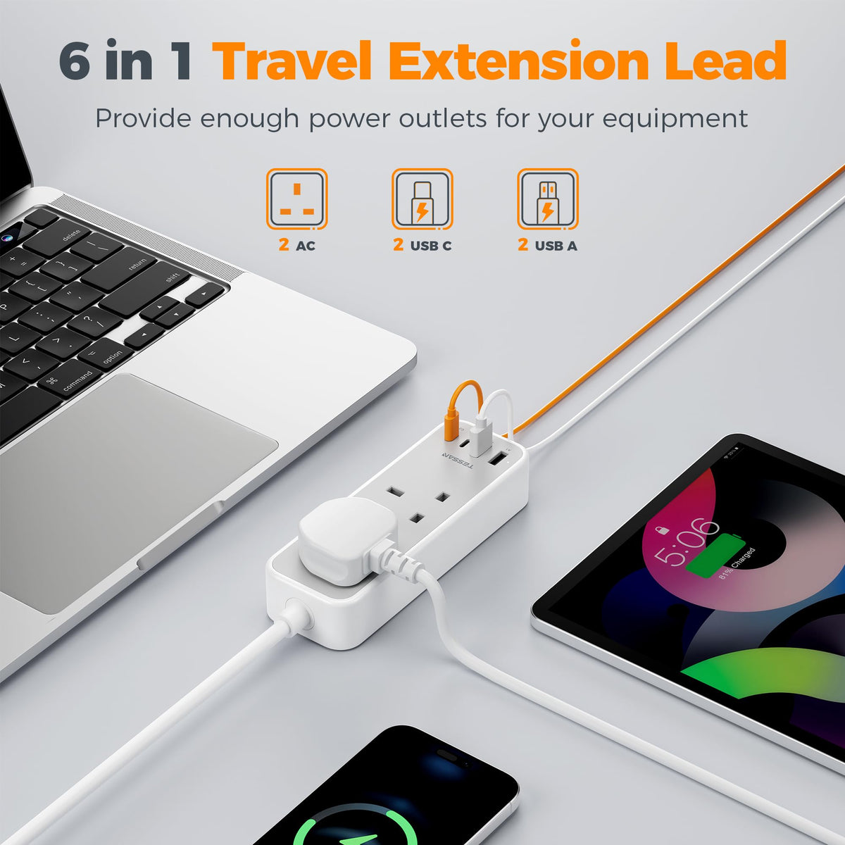 TESSAN 10M Long Extension Lead with PD 20W USB C Charger (4 USB Slots)
