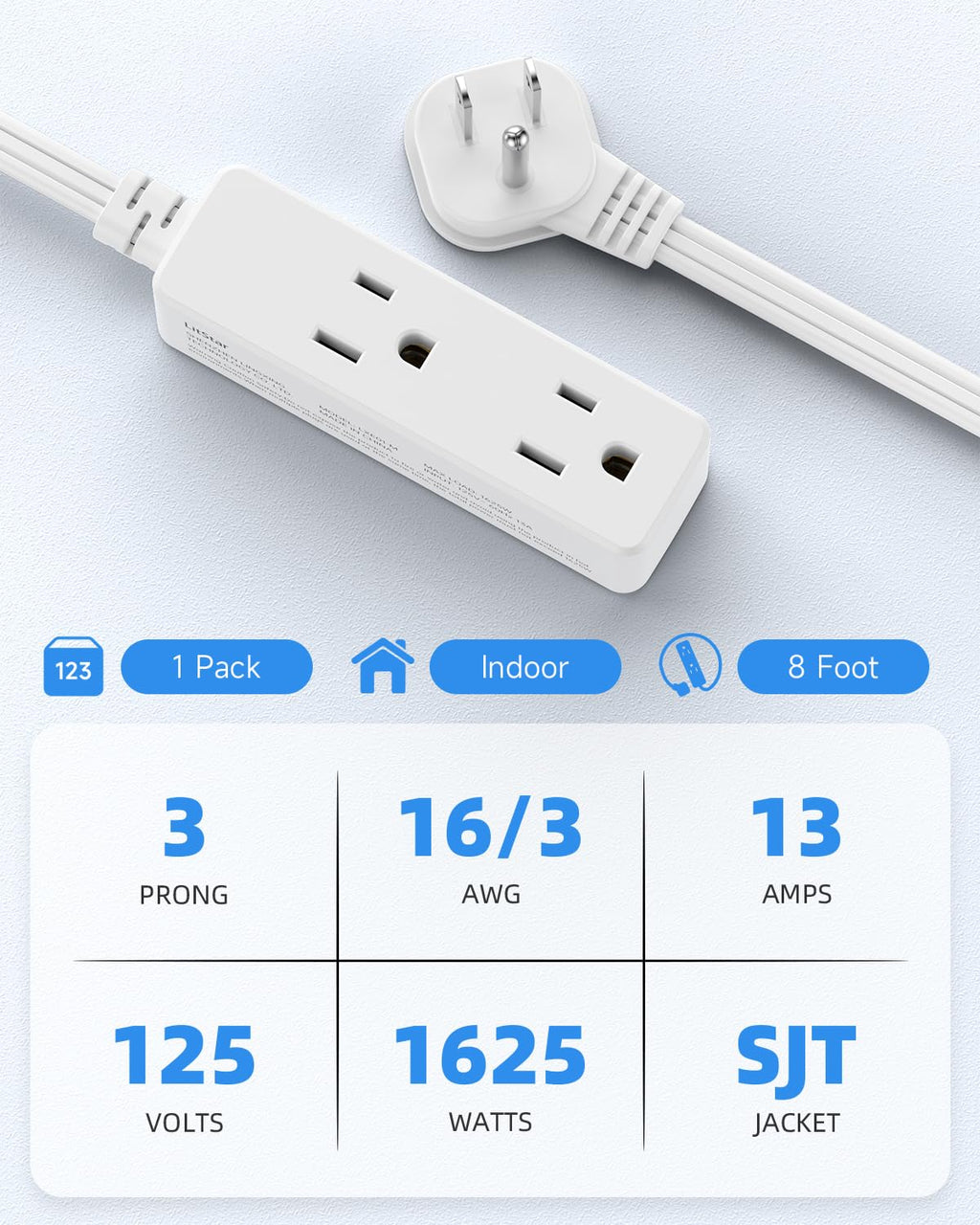 Flat Plug Extension Cord with 3 Outlets - 1Ft Low Profile Indoor 3 Prong Grounded Power Strip for Home Office & Travel - 16 AWG 13A/1625W, Black