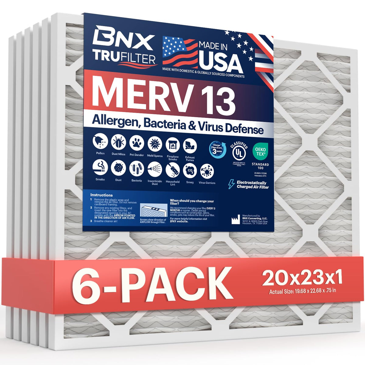 BNX TruFilter 20x20x1 Air Filter MERV 13 Smoke, Allergy, Pet Defense 6-Pack