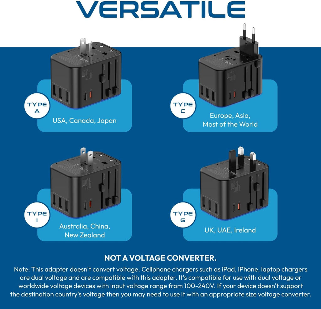Ceptics 45W Universal Travel Adapter w/ 3 USB-A, 2 USB-C & Universal Input