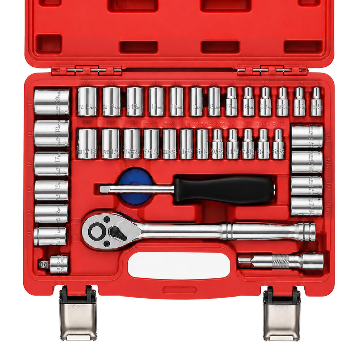 Egofine 46 Pieces 1/4 inch Drive Socket Ratchet Wrench Set, with Bit Socket Set Metric and Extension Bar for Auto Repairing and Household, with Storage Case
