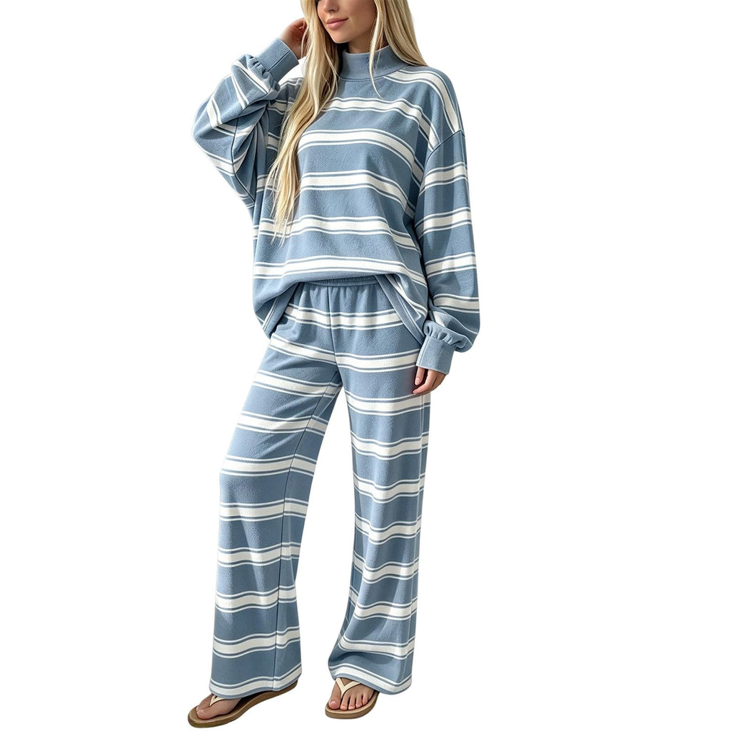 Striped Lounge Wear Sets for Women UK 2 Piece Outfits Loungewear Travel Matching Pyjamas Sets Mock Neck Oversized Knitted Jumper Long Sleeve Top and Wide Leg Pants Fall Winter