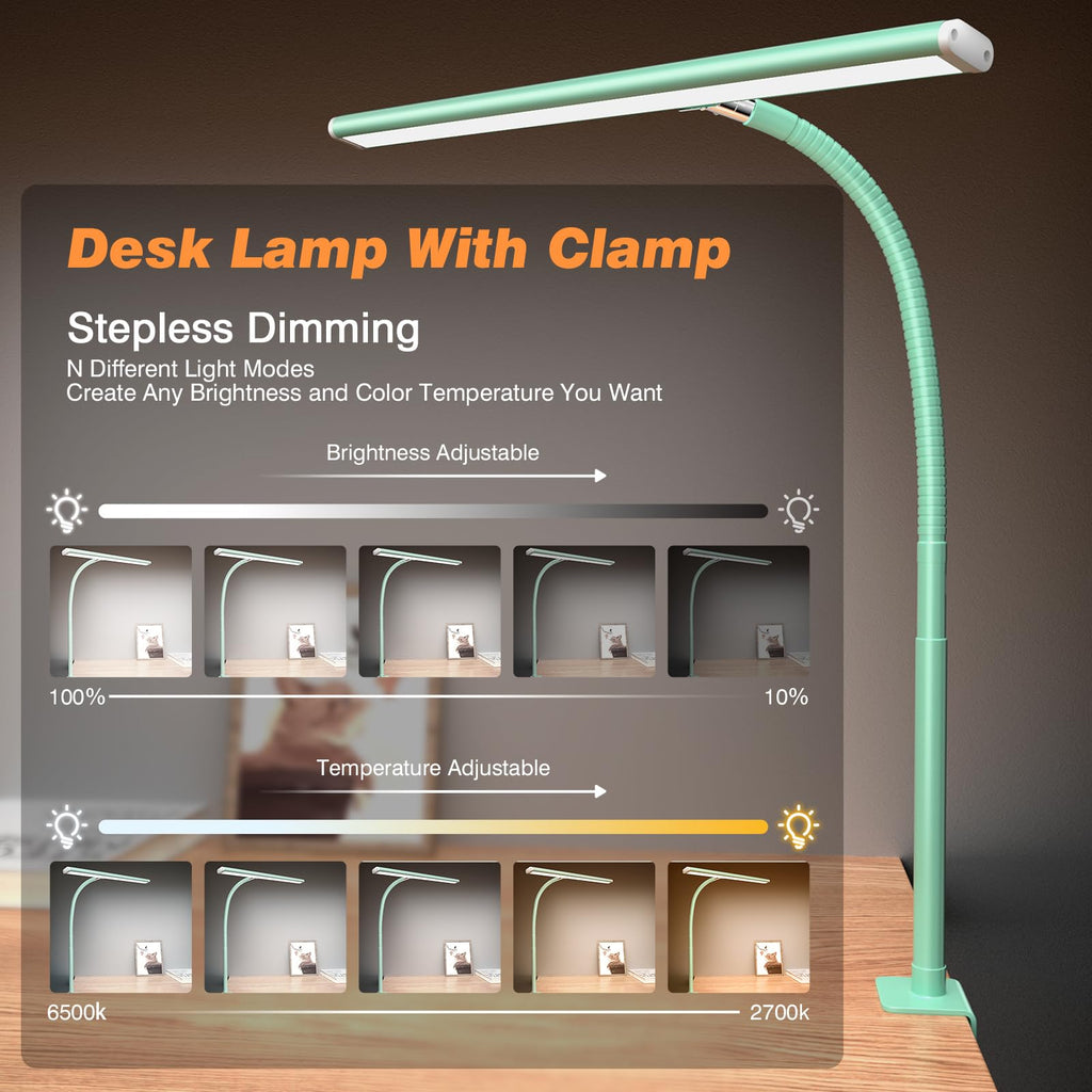 Airlonv LED Desk Lamp with Clamp, 17" Stepless Dimming Light, Black