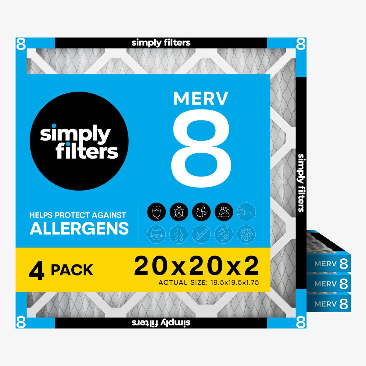 Simply 14x20x1 Air Filter, MERV 8, 4 Pack, For Home AC Furnace & HVAC (Actual Size: 13.75"x19.75"x0.75") DUST, Pet, & Allergy Control