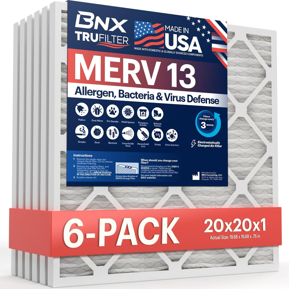 BNX TruFilter 20x20x1 Air Filter MERV 13 Smoke, Allergy, Pet Defense 6-Pack