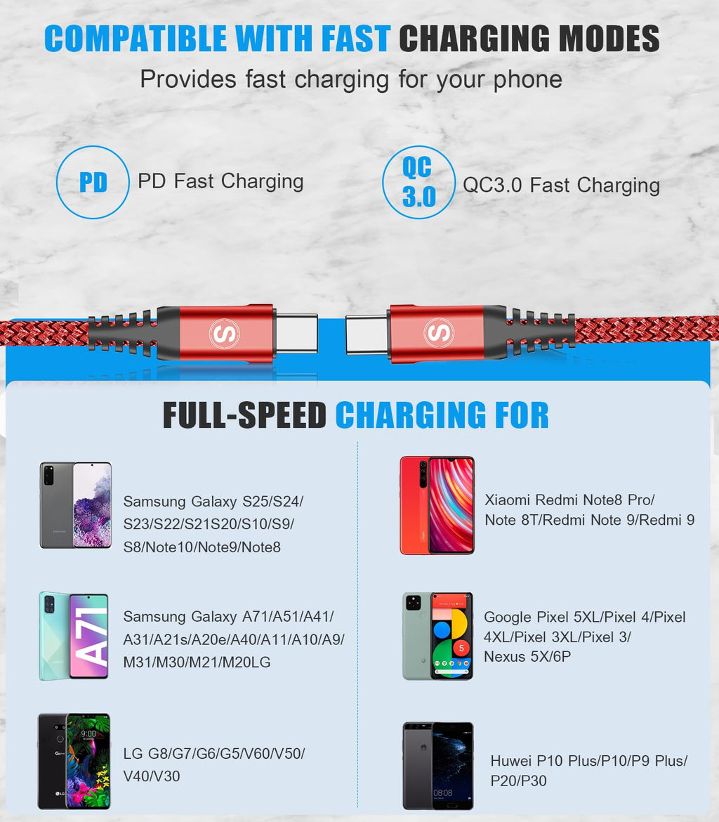 2-Pack 2m 60W USB C to USB C Charger Cable, PD Type C Super Fast Charging for iPhone 17 air 16 15 MacBook iPad Pro, Samsung Flip Fold 7 6 5 S26 S25 S24 S23 Ultra, Steam Deck, Nintendo Switch etc
