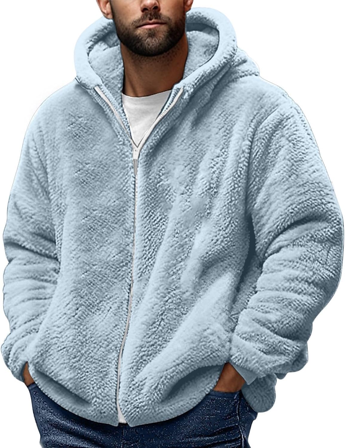 Teddy Fleece Jacket Mens, Full Zip Up Hoodies Long Sleeve Sherpa Fleece Winter Coats Fluffy Warm Jackets Thick Plush Oversized Hoodie Thermal Hooded Jumper Coat Cozy Cardigan Plus Size