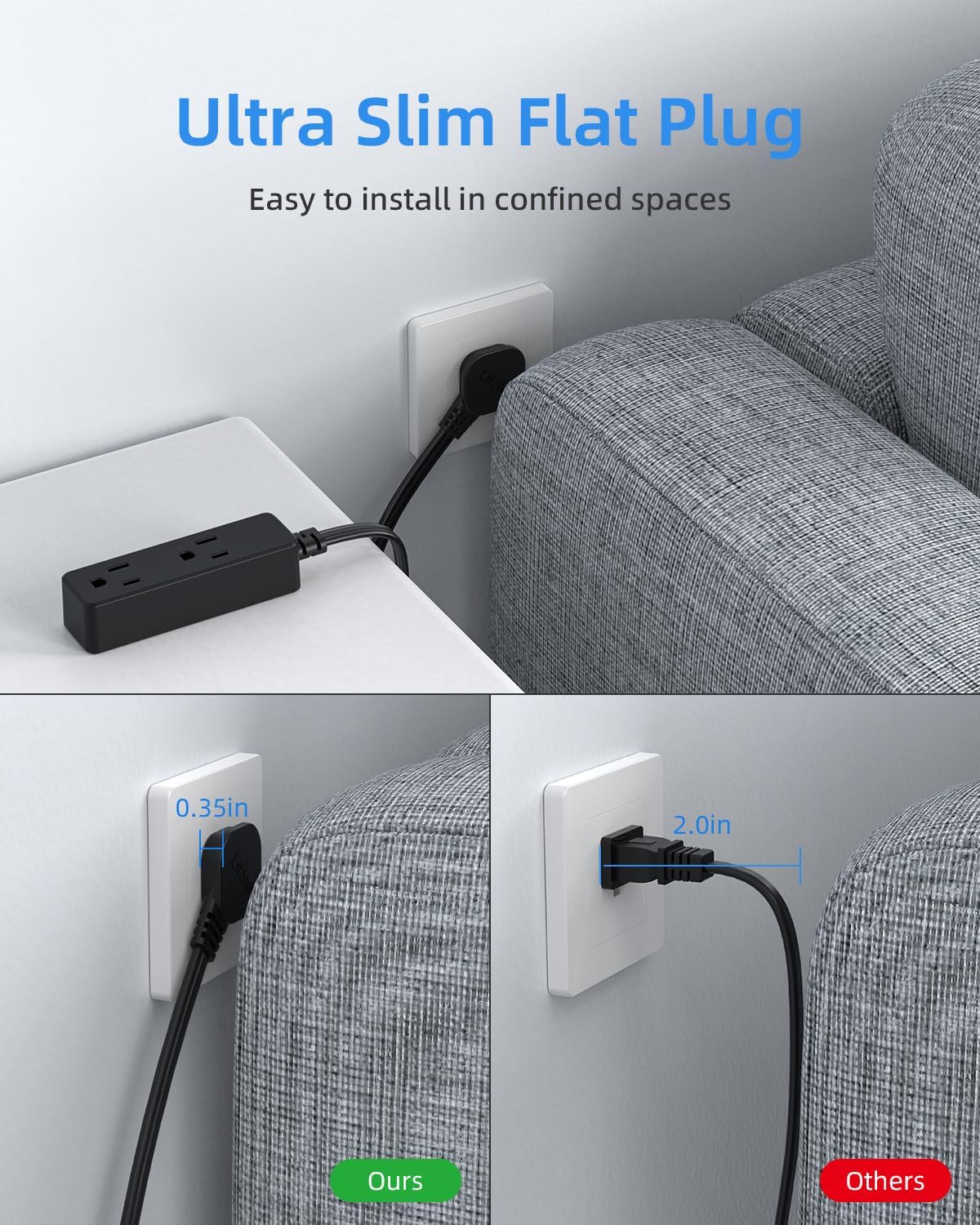 Flat Plug Extension Cord with 3 Outlets - 1Ft Low Profile Indoor 3 Prong Grounded Power Strip for Home Office & Travel - 16 AWG 13A/1625W, Black