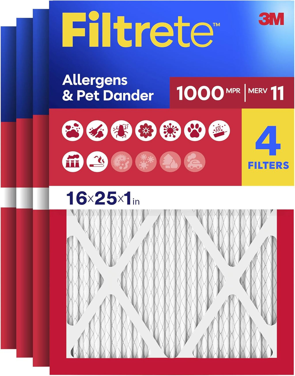 Filtrete 16x25x1 Air Filter, MERV 11, MPR 1000, 4 HVAC Filters