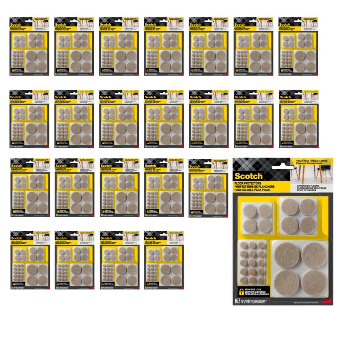 Scotch Felt Pads 162 PCS Beige, Felt Furniture Pads for Protecting Hardwood Floors, Round, Assorted Sizes Value Pack, Self-Stick design, Protecting from nicks, dents and scratches (SP845-NA)