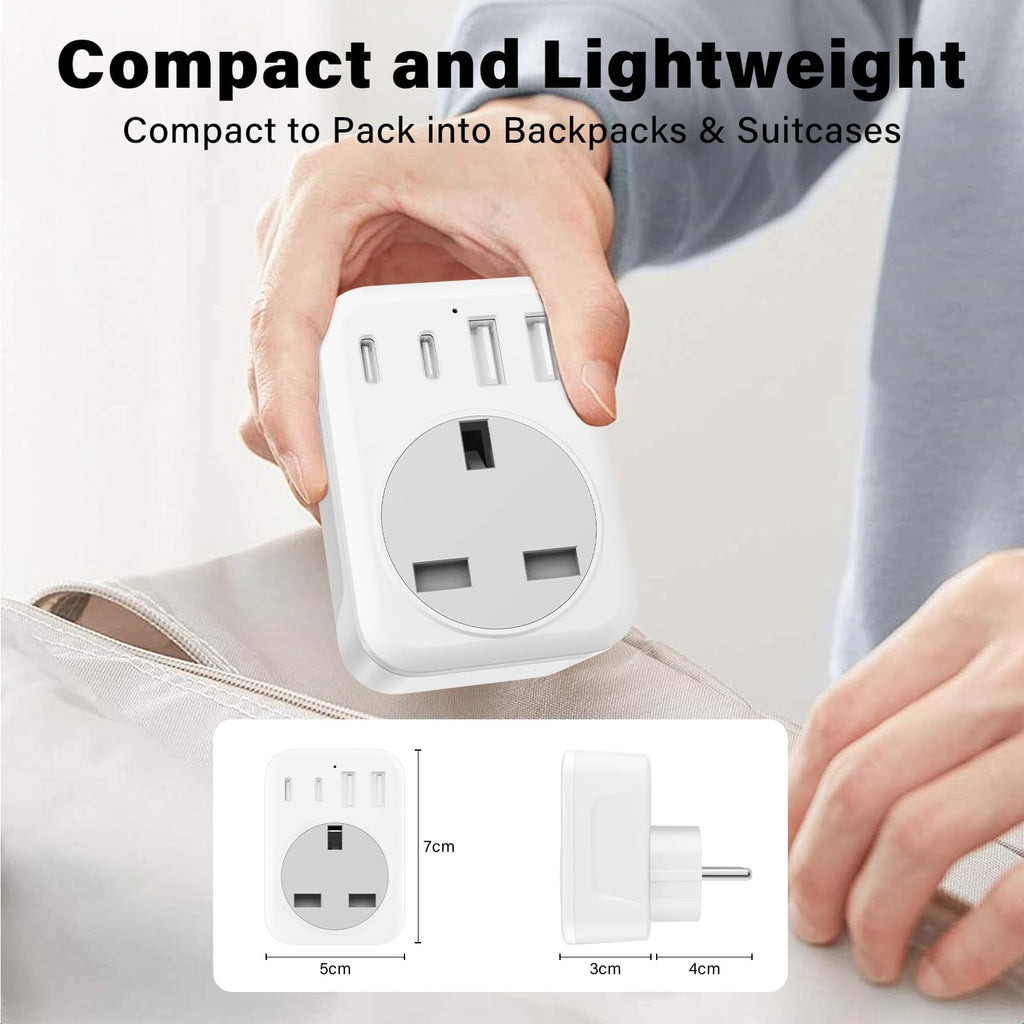 2 Pack UK To European Plug Adapter, 5 IN 1 European Travel Adaptor with 2 USB C & 2 USB A, EU Plug Adapter for Germany Spain France Turkey Greece etc (Type E/F)