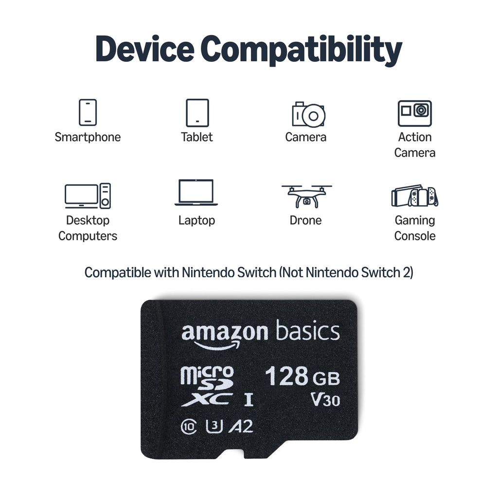 Amazon Basics microSDXC Memory Card, 64GB, A2, U3, 100MB/s Read Speed, Black, 2-Pack