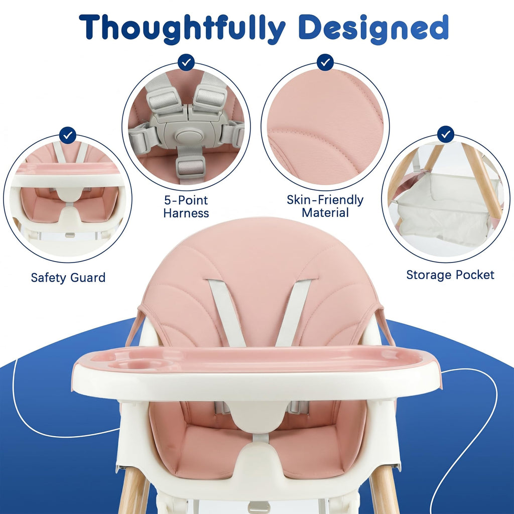 Baby High Chair Foldable Highchair, High Chairs for Babies and Toddlers Adjustable Height & Reclining Seat Detachable Double Tray, Ergonomic Feeding Portable Highchairs for Newborn 6 Months to 5 Years