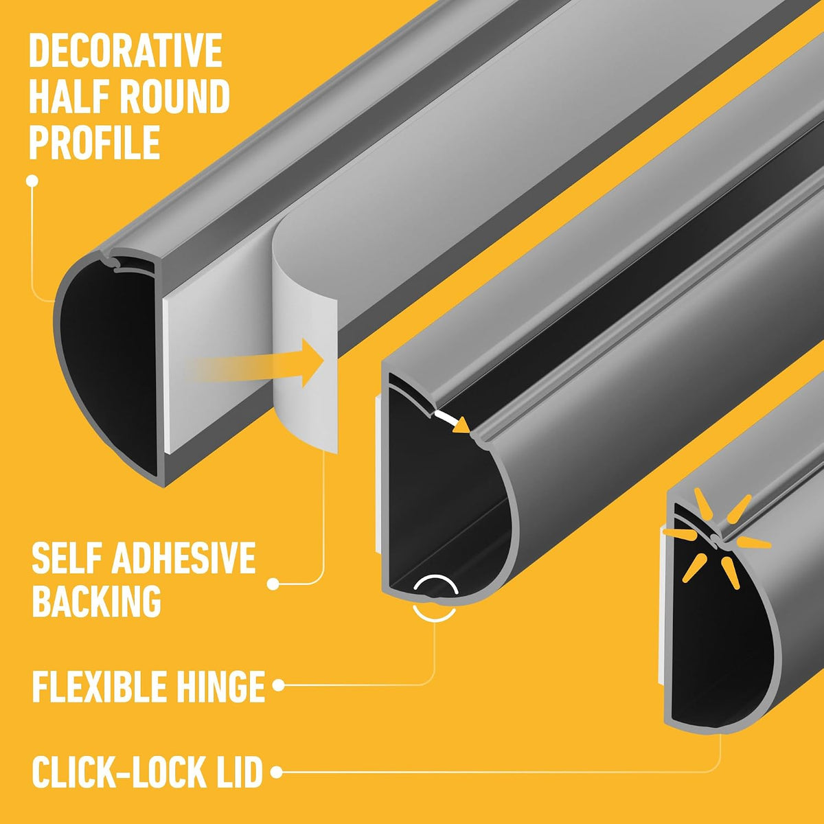 D-Line 30x15mm Cable Trunking 4m Multipack, Half Round Profile, Self-Adhesive Wire Cover, Paintable Cable Management - 10x 30mm (W) x 15mm (H) x 40cm Lengths and Accessories - Aluminium-Effect