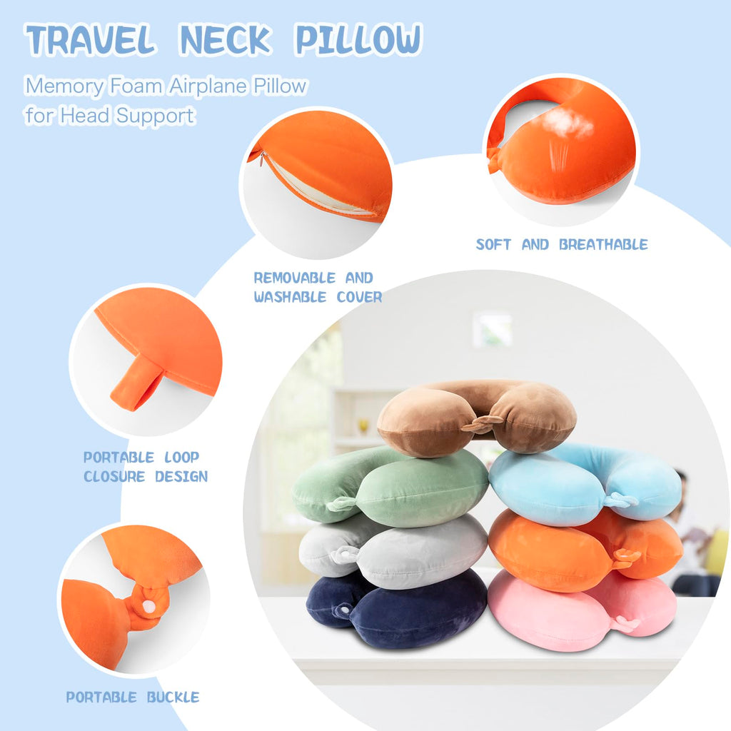 WENGX Travel Neck Pillow With Storage Bag Memory Foam Head Support Flight Pillows Cushion for Airplane Train Car Office Travel Essential for a Long Hauls Sleeping Rest(Pale Pink)