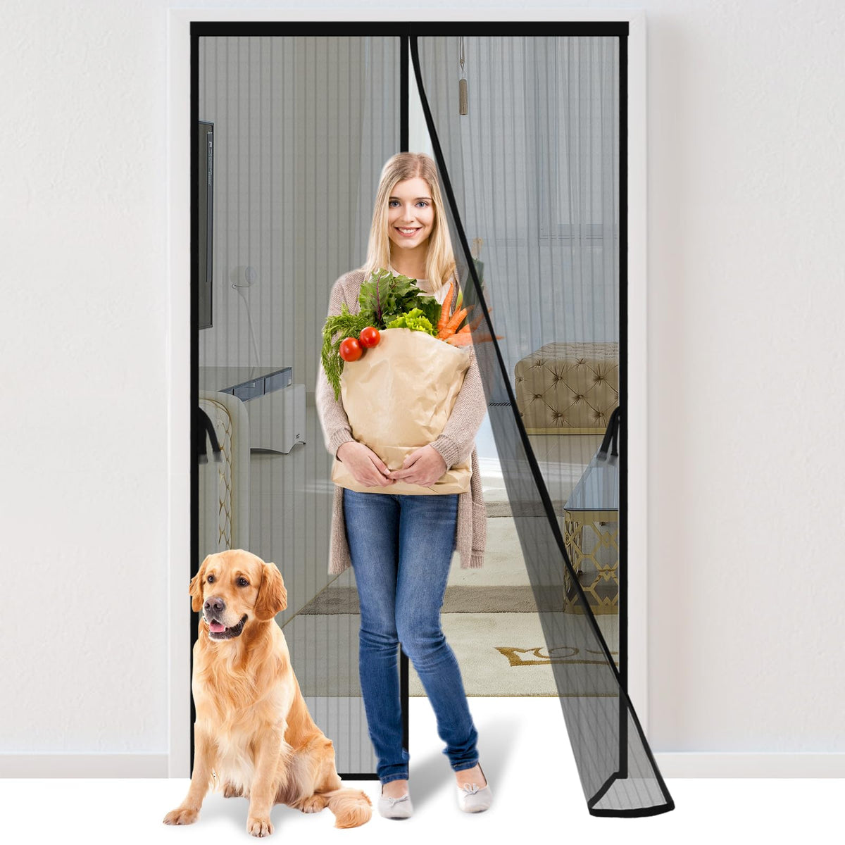 Fiberglass Magnetic Screen Door Fit Door Size 72 x 96 in- Heavy Duty Fiberglass Screen Door Mesh for Interior Door, Patio and Sliding Doors - Door Screen Magnetic Closure Let Fresh Air in