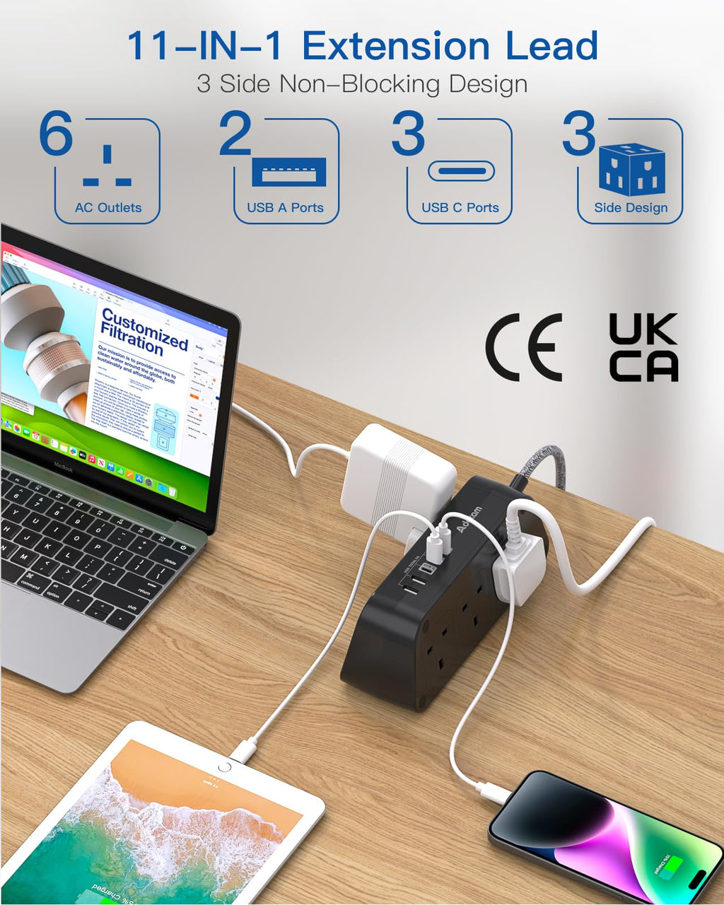 Extension Lead with USB Slots, 6 Way Outlets 5 USB (5A, 3 USB- C Port),1.6M
