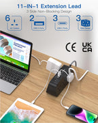 Extension Lead with USB Slots, 6 Way Outlets 5 USB (5A, 3 USB- C Port),1.6M