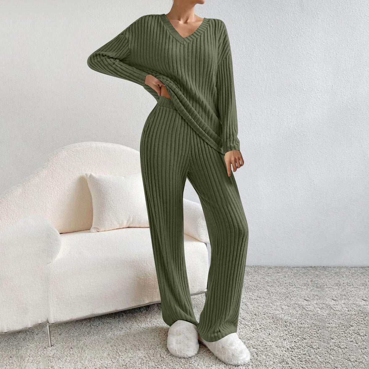 Lounge Wear Sets For Women Uk, Womens Pyjamas Set Long, Ladies Ribbed Loungewear Knit Outfits Womens Tracksuits 2 Piece Set V Neck Casual Casual Homewear