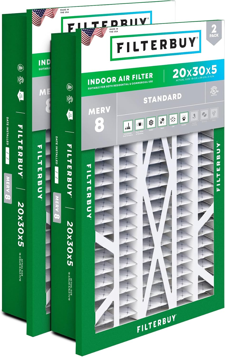 Filterbuy 22x24x5 Air Filter MERV 8 Dust & Allergy Defense (2-Pack)
