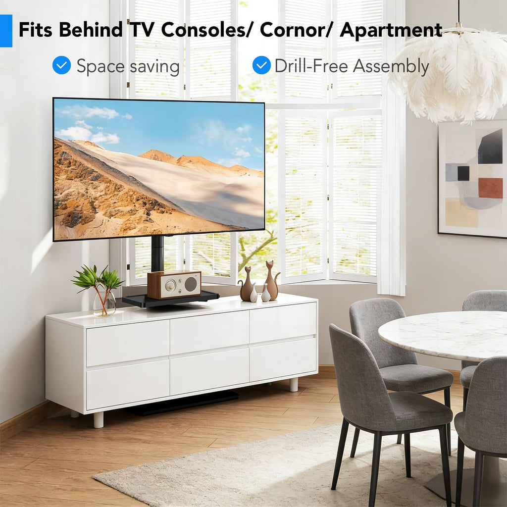Floor TV Stand with Mount for 26-55 inch TVs up to 35 kg, Height Adjustable Swivel Tilt TV Stand with Wood Base & Shelf, Saving Space Design for Bedroom, Living Room and Corner, White