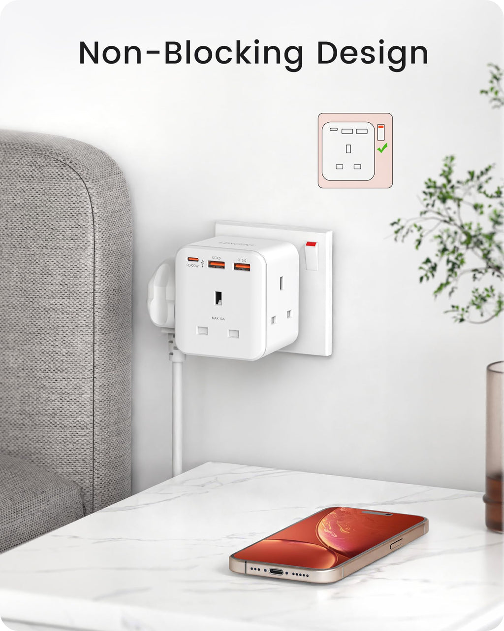 LENCENT 3 Way Plug Extension Socket with 2 Fast Charge USB, PD45W USB C