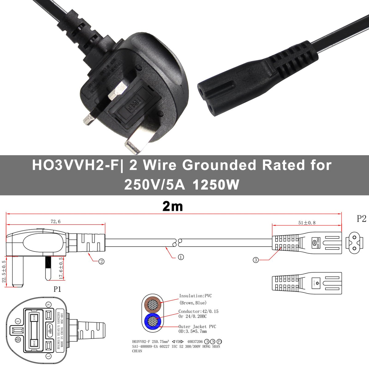 TV power cable 3M, 2 Pin Mains Power Lead Fig Figure 8 UK Power Cable, IEC320C7 to BS 1363 C7 Figure 8 Power Lead compatible with Samsung LG Philips Toshiba TV/Printer/PS4/PS3/PS5…