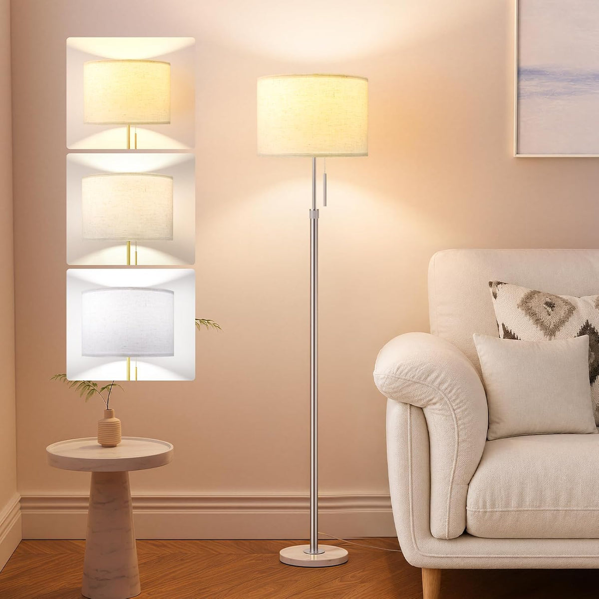 Ambimall Floor Lamp for Living Room with Smart Light Bulb, RGB + Stepless Dimmable Colors Temperature & Brightness(White Shade & Black Pole)