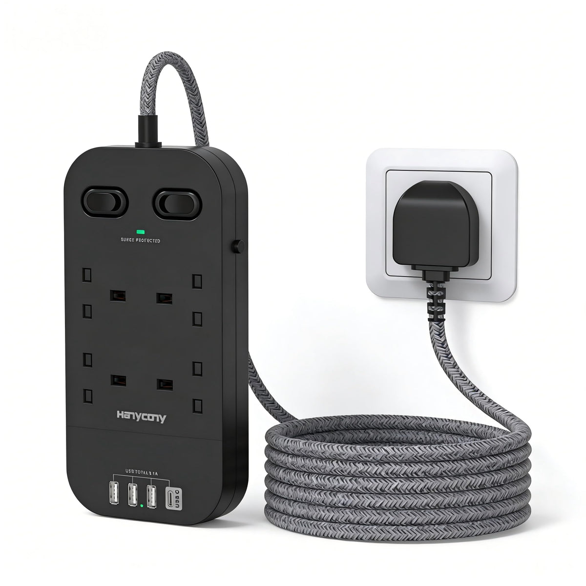 Extension Lead 5M, 4 Way Surge Protected Power Strip with USB C Slots