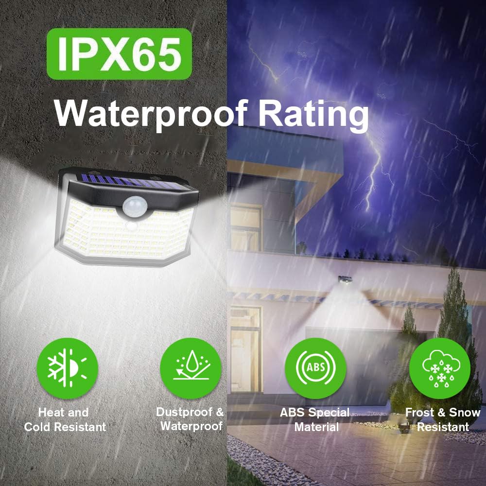 HMCITY Solar Lights Outdoor 120 LED with 3 Lighting Modes, Motion Sensor Wall Lights,IP65 Waterproof Solar Powered for Garden Patio Yard (Back Button 2Packs, Black Shell-Daylight White)
