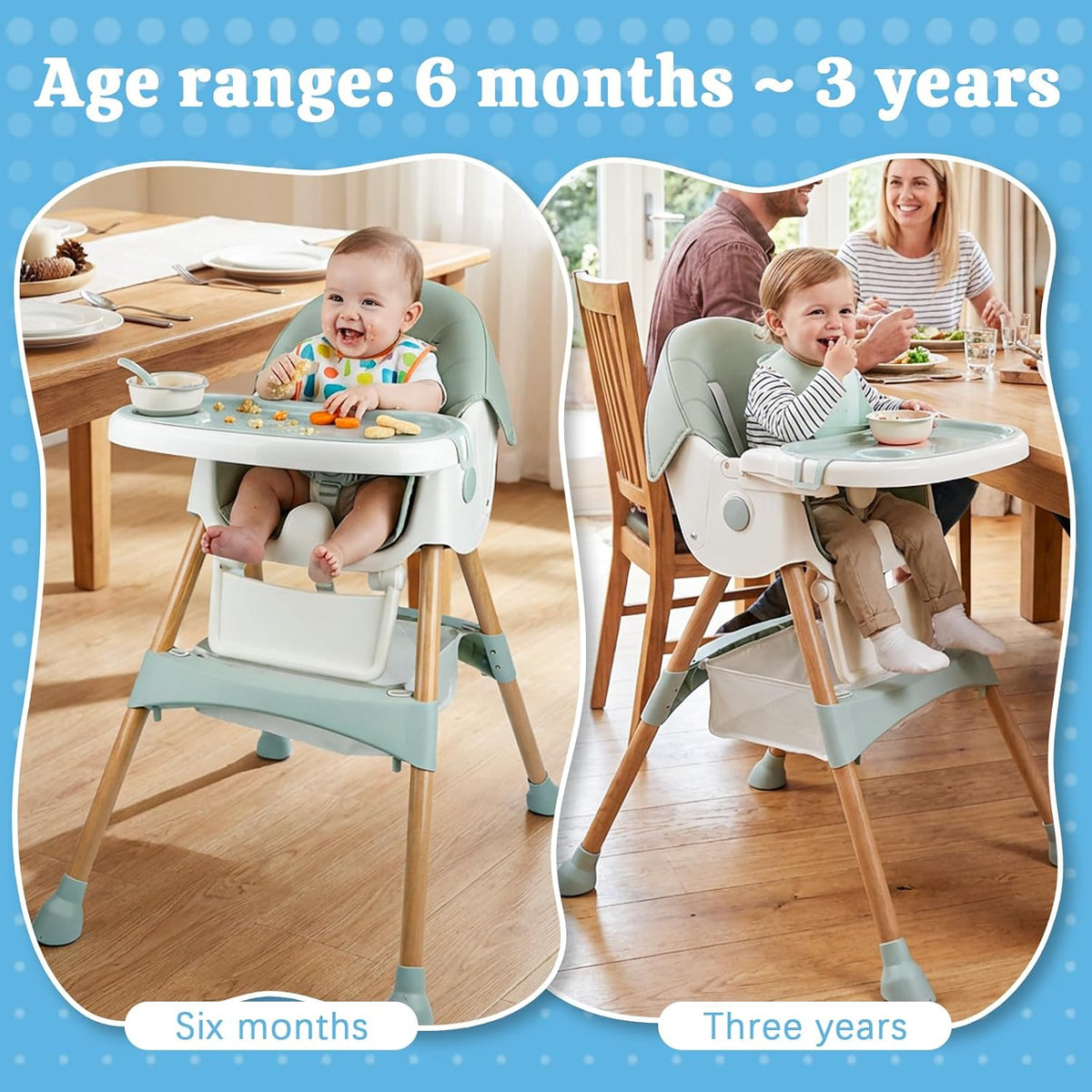 Baby High Chair Foldable Highchair, High Chairs for Babies and Toddlers Adjustable Height & Reclining Seat Detachable Double Tray, Ergonomic Feeding Portable Highchairs for Newborn 6 Months to 5 Years