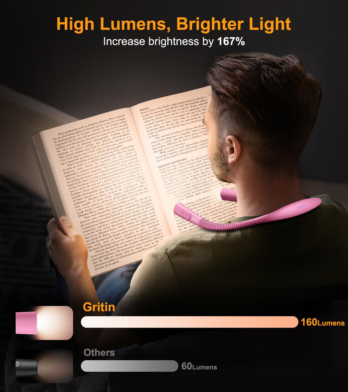 Gritin Book Light, Eye Caring 4-Color&5-Brightness Neck Light Reading Light